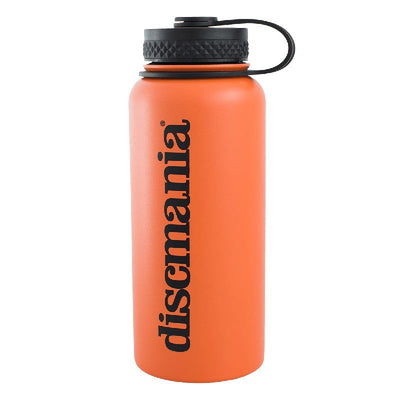 Orange Discmania Arctic Flask water bottle with a black textured screw top lid and a black loop handle.