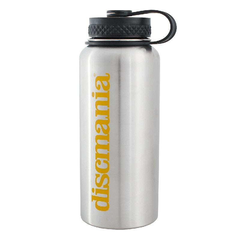 Stainless steel Discmania Arctic Flask water bottle with a black textured lid and carrying loop.