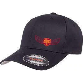 Dark navy blue Flexfit baseball cap with a red Discmania shield logo featuring outstretched wings.