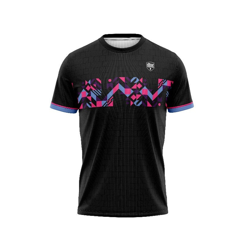 Black Discmania short-sleeve jersey with a geometric purple and blue band across the chest and blue sleeve trim.
