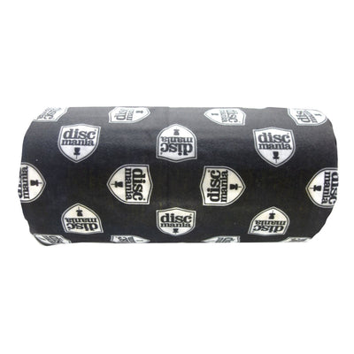 Black tube-shaped Discmania face shield with a repeating white Discmania logo featuring a disc golf basket.