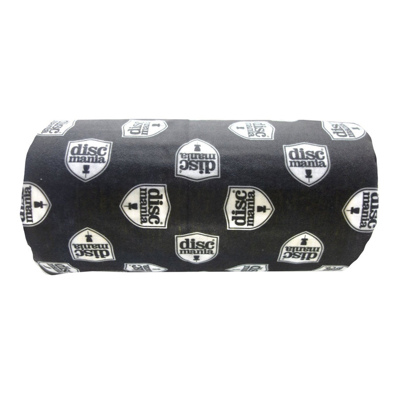 Black tube-shaped Discmania face shield with a repeating white Discmania logo featuring a disc golf basket.