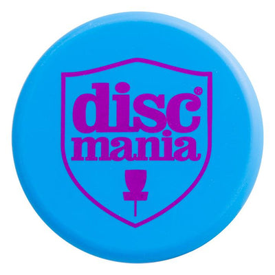 Blue Discmania mini marker disc with a magenta "Discmania" shield logo and a magenta basket graphic.