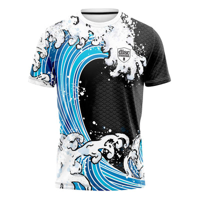 Discmania Championship Sunday Eagle McMahon jersey featuring a blue and white wave design with a black patterned background.