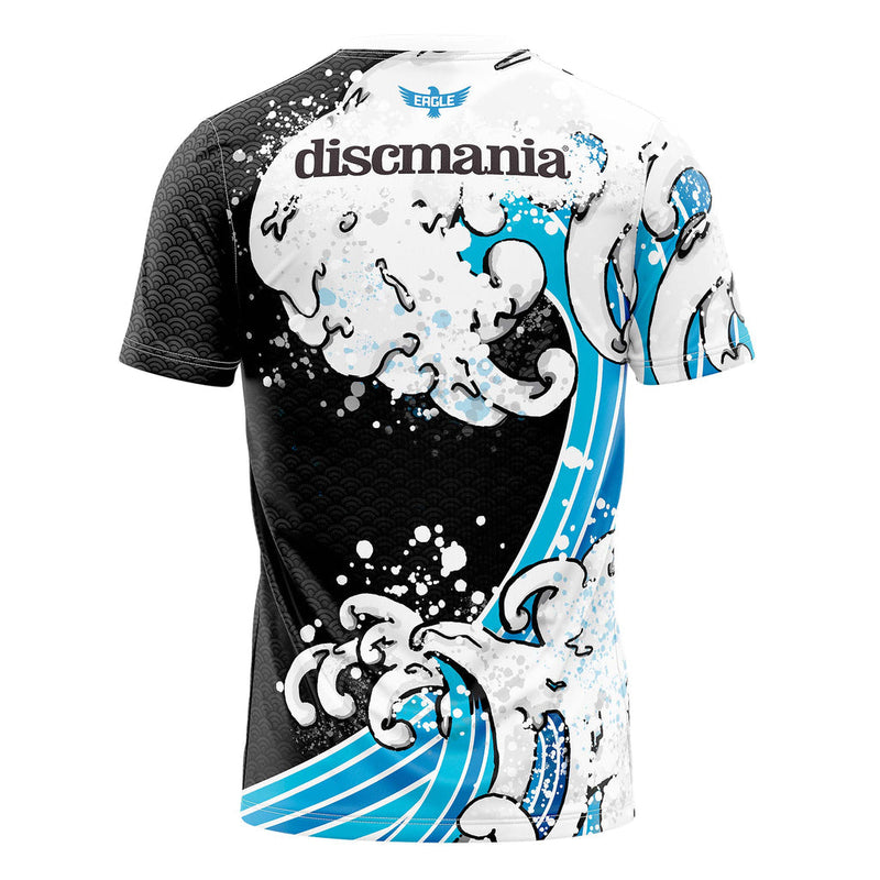 Discmania championship sunday eagle mcmahon jersey featuring a black wave pattern and blue waves on a white background.
