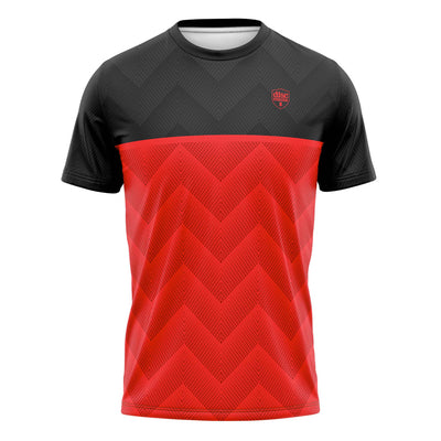 Discmania Championship Sunday Simon Lizotte jersey with black shoulders and a red zigzag patterned body.