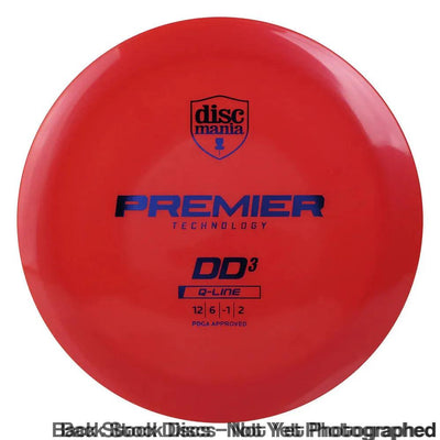 Red Discmania DD3 Q-Line disc golf driver with a blue "PREMIER TECHNOLOGY" stamp and flight numbers 12 6 -1 2.