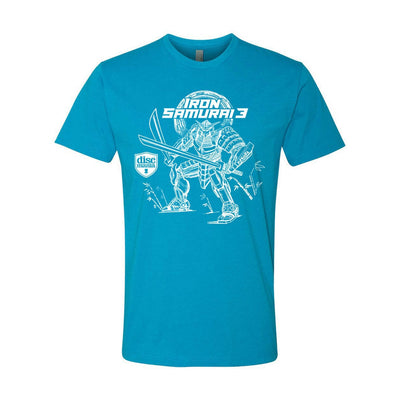Teal short-sleeve Discmania Eagle McMahon Iron Samurai 3 tee with a white samurai robot graphic holding a sword.