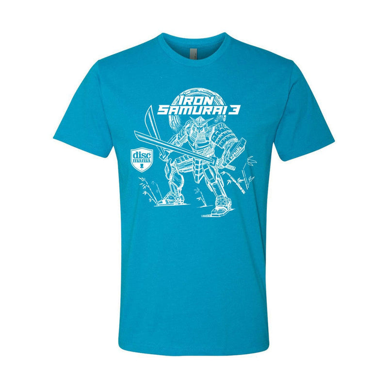 Turquoise cotton Discmania Eagle McMahon Iron Samurai 3 tee with a white samurai graphic and a Discmania logo.