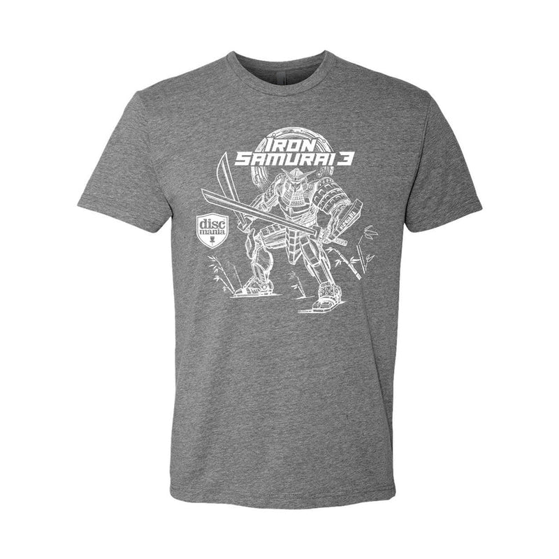 Gray Discmania Iron Samurai 3 tee with a white samurai graphic, standing ready with a sword, flanked by bamboo.