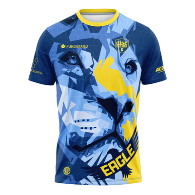Discmania European Open 2022 Eagle McMahon jersey with blue, light blue, and yellow abstract lion design.