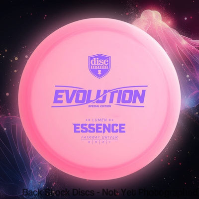 Pink Discmania Evolution Color Lumen Essence Special Edition fairway driver with purple lettering and flight numbers.