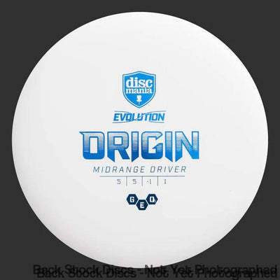 White Discmania Evolution Geo Origin midrange driver disc golf disc with a blue stamp and flight numbers.