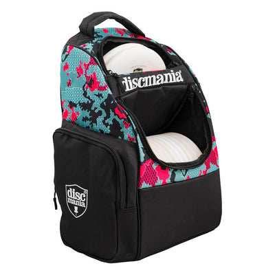 Black Discmania Fanatic Fly backpack with a teal and hot pink pattern, featuring external disc pockets and white discs.