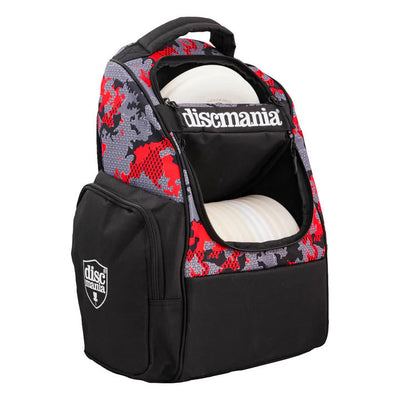 Discmania Fanatic Fly backpack with a red and gray digital camouflage pattern, black sides, and white discs inside.