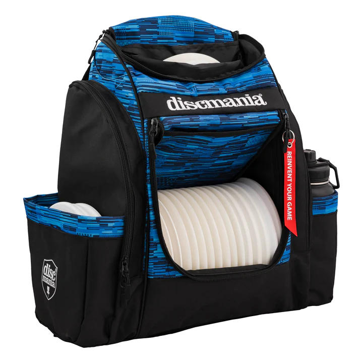 Discmania Fanatic Sky backpack in black and blue with white disc golf discs visible inside.