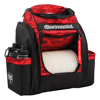 Red and black Discmania Fanatic Sky backpack for disc golf with white discs and two water bottles.
