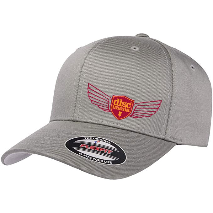 Gray Discmania Flexfit hat featuring a prominent Discmania wings logo embroidered in red and yellow.