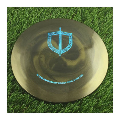 Discmania golden swirl S line FD3 disc with blue 10 year anniversary sword and shield stamp.