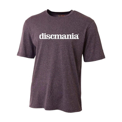 Heather gray Discmania performance t-shirt with a white "discmania" logo across the chest.