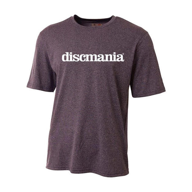 Heather purple color Discmania performance tee shirt with short sleeves and white "discmania" text on the chest.