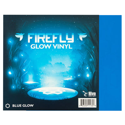 Hive Firefly Glow Vinyl product packaging with a blue glow design featuring text and a disc golf flying disc.