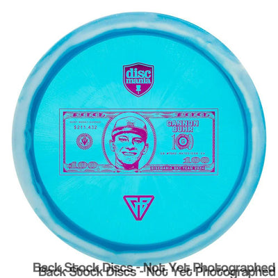 Teal Discmania Horizon C-Line Metal Flake FD3 disc with purple Gannon Buhr dollar bill stamp with his face.