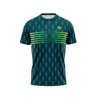 Dark teal Discmania jersey with a geometric pattern, lime green stripes across the chest, and the Discmania logo.
