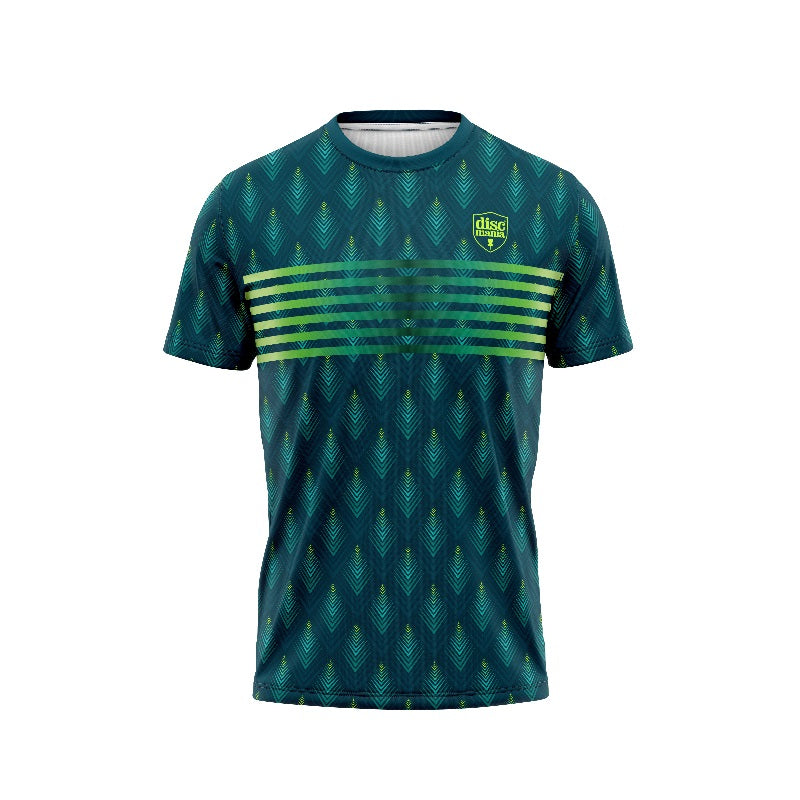 Dark teal Discmania jersey with a geometric pattern, lime green stripes across the chest, and the Discmania logo.
