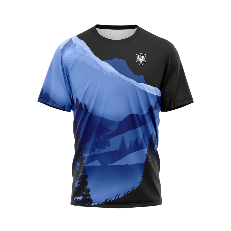 Black and blue Discmania Kyle Klein signature jersey with a mountain and forest graphic on the front.