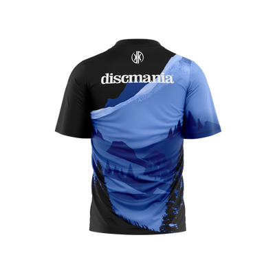 Discmania Kyle Klein signature jersey with a black back, blue mountain and forest design, and a white Discmania logo.