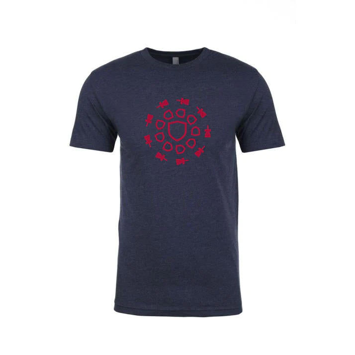Navy blue Discmania Medley premium fitted crew neck tee, featuring a circular red disc golf print.