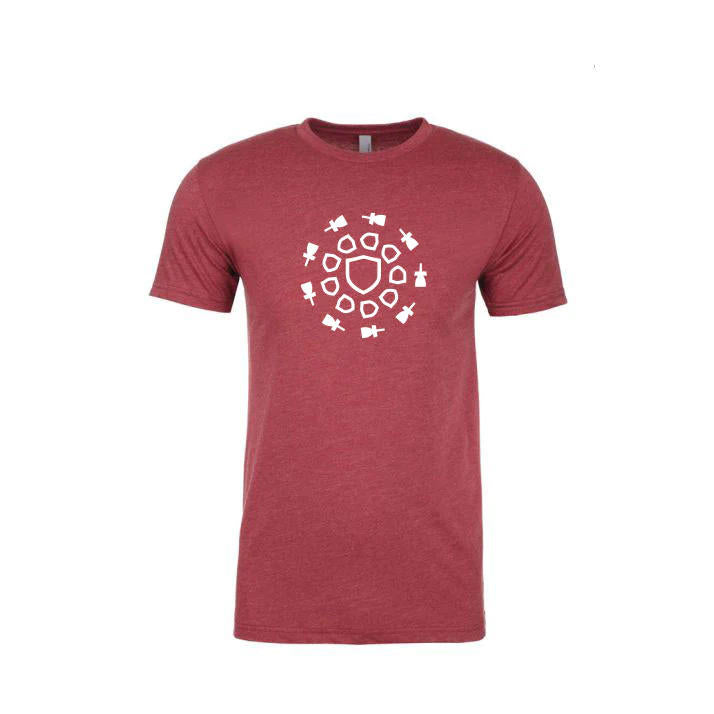 Heather red Discmania Medley Premium Fitted Crew Tee with a white disc golf basket logo on the chest.