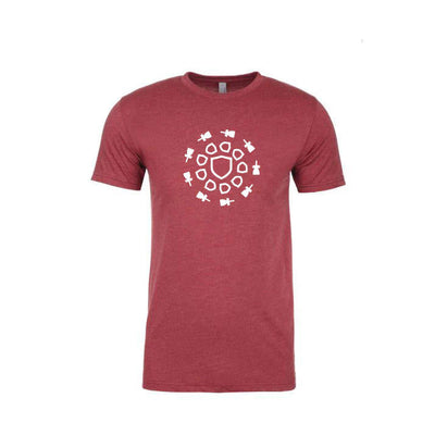 Heather red Discmania Medley premium fitted crew neck tee, showcasing a white geometric circular design.