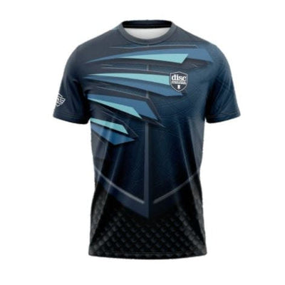 Discmania "Moving Day" Simon Lizotte jersey features a dark blue base with light blue geometric patterns and logos.