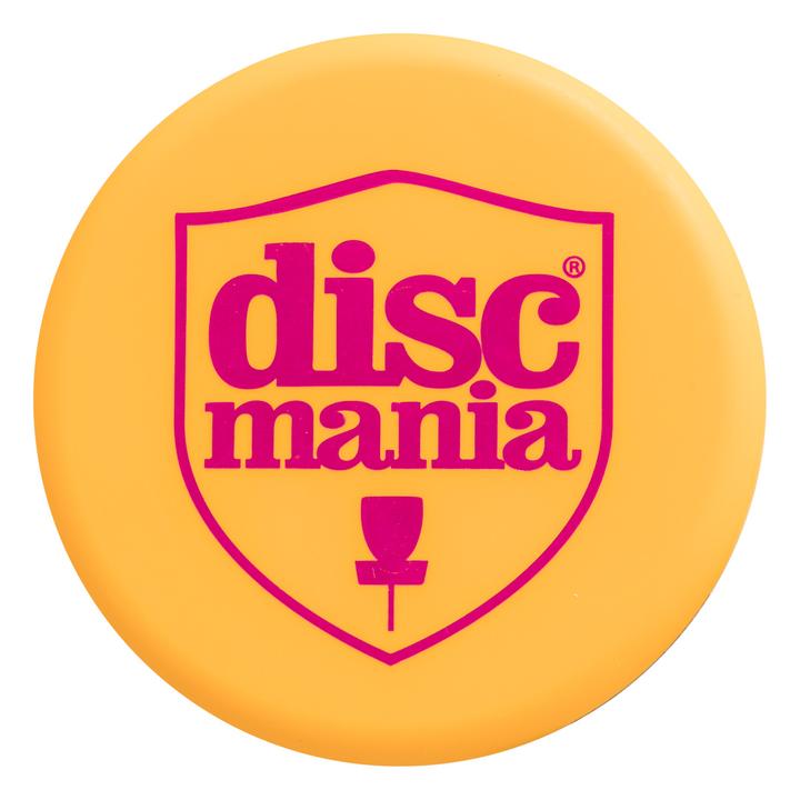 Orange Discmania mini marker disc with a bold pink Dismania logo and a basket icon.