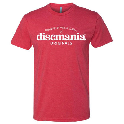 Red Discmania Originals "Reinvent Your Game" t-shirt with white text on the chest.