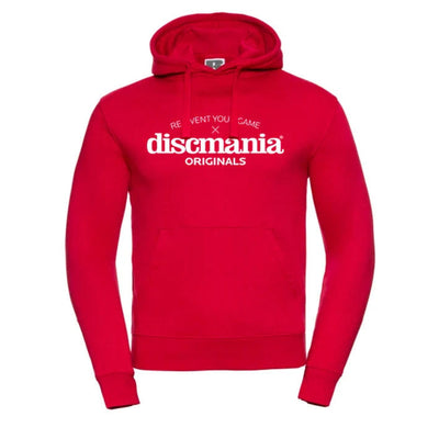 Red Discmania Originals Russell hoodie with white text logo and a front kangaroo pocket.