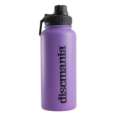 Purple Discmania Arctic Flask beverage container with a black twist-off straw lid and side handle.