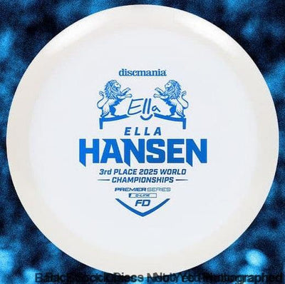 White Discmania Q-Line FD golf disc with blue Ella Hansen Premier Series 3rd Place 2025 World Championships stamp.
