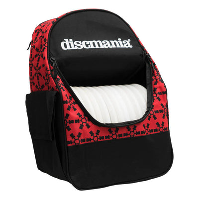 Red and black Discmania Fanatic Go Backpack with storage for many white discs visible inside.