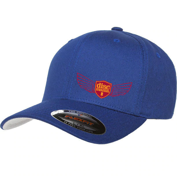 Royal blue Discmania Flexfit hat with a red winged shield logo and a white underside to the brim.
