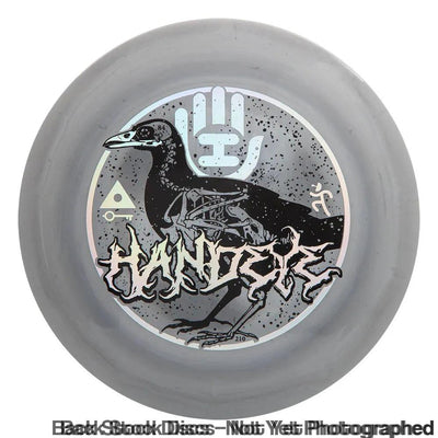 Gray Discmania S-Line Special Blend Vanguard Creator Series HSCO Raven disc with a black crow skeleton print.