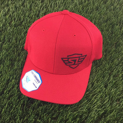 Red Flexfit hat featuring the “SL” Simon Lizotte embroidered logo in black on the front.