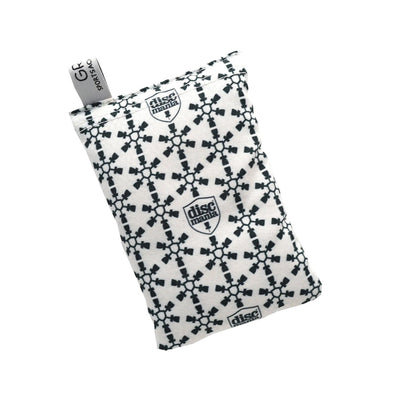 Discmania Sportsack with a white background and repeating black mosaic pattern logos.