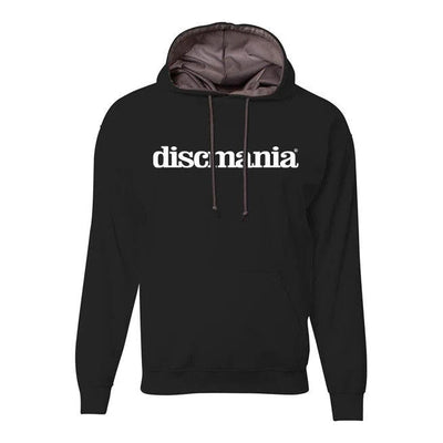 Black Discmania Sprint Bar Logo Hoodie with a white logo, a front pocket, and a dark grey lined hood.