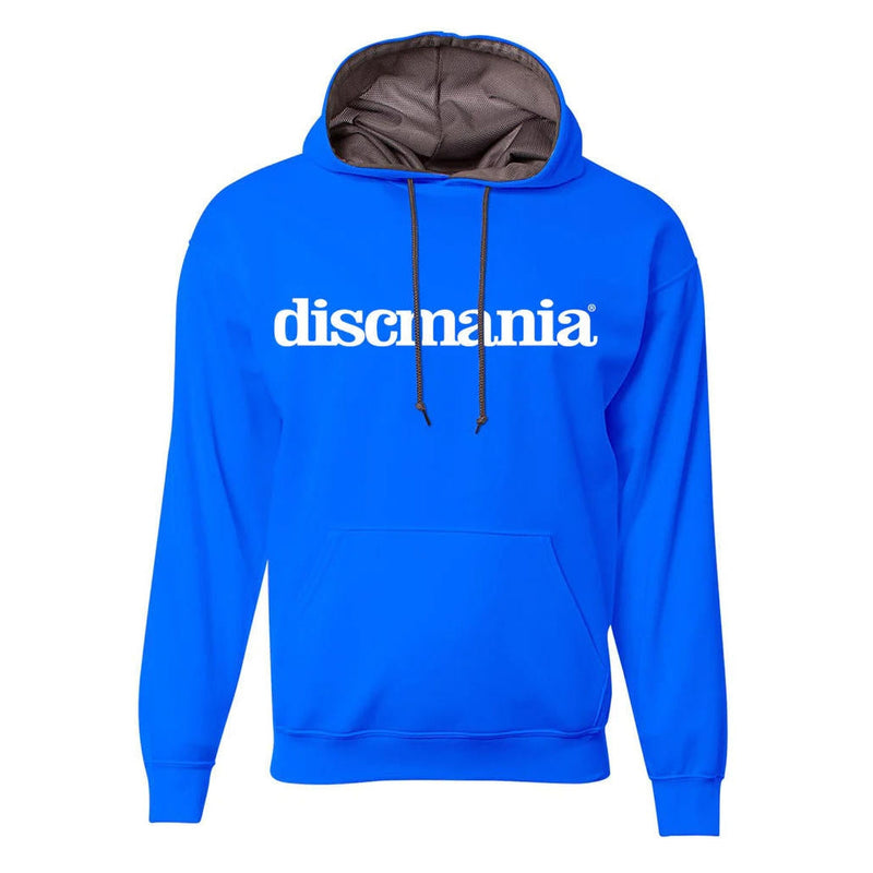 A bright blue Discmania Sprint Bar Logo Hoodie with a contrasting gray hood lining and black drawstrings.