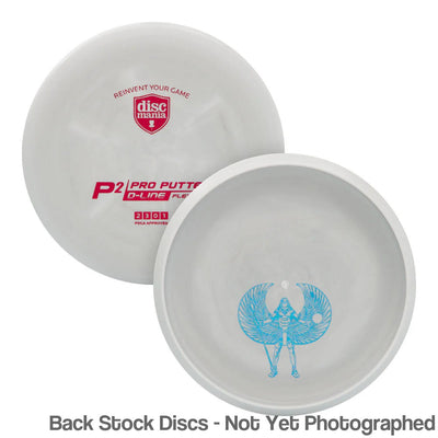Two white Discmania D-Line Flex 1 P2 disc golf putters, one with red branding and the other with a blue Sky God mini stamp.