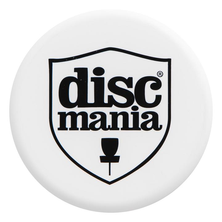 White Discmania mini marker disc with a black outline shield logo and "disc mania" lettering.