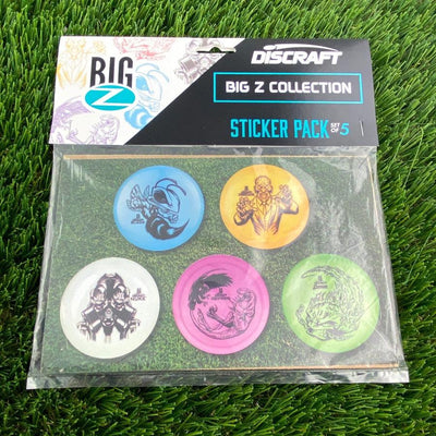 Discraft Big Z Collection sticker pack, five collectible round stickers in blue, yellow, white, pink, and green colors.